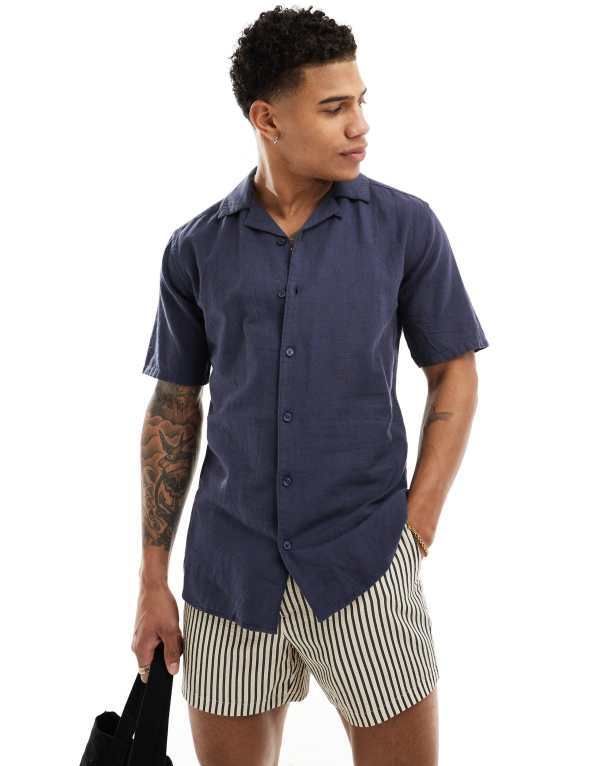 オンリーアンドサンズ メンズ トップス シャツ リネン Only Sons linen mix camp collar shirt Night Sky ネイビー