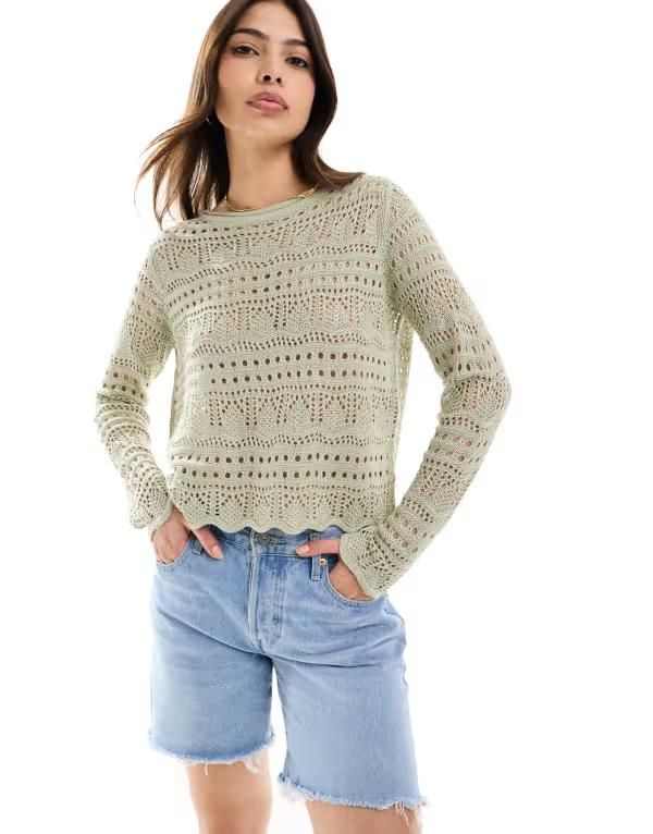 ジェイディーワイ レディース トップス Tシャツ JDY boat neck broderie long sleeve top in sage LIGHT GREEN グリーン