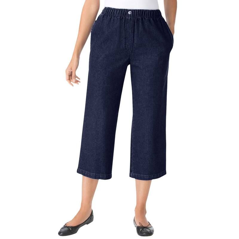 ウーマン ウィズイン レディース ボトムス カジュアルパンツ プラスサイズ プチ コットン デニム キャップ ジーンズ Woman Within Plusize Petite 7Day ElasticWaist PullOn Cotton Denim Capr
