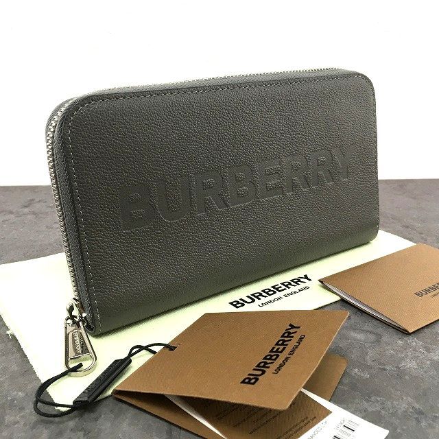 285 送料込み！ 未使用品 BURBERRY ジップウォレット グレー 牛革 ロゴ 型押し
