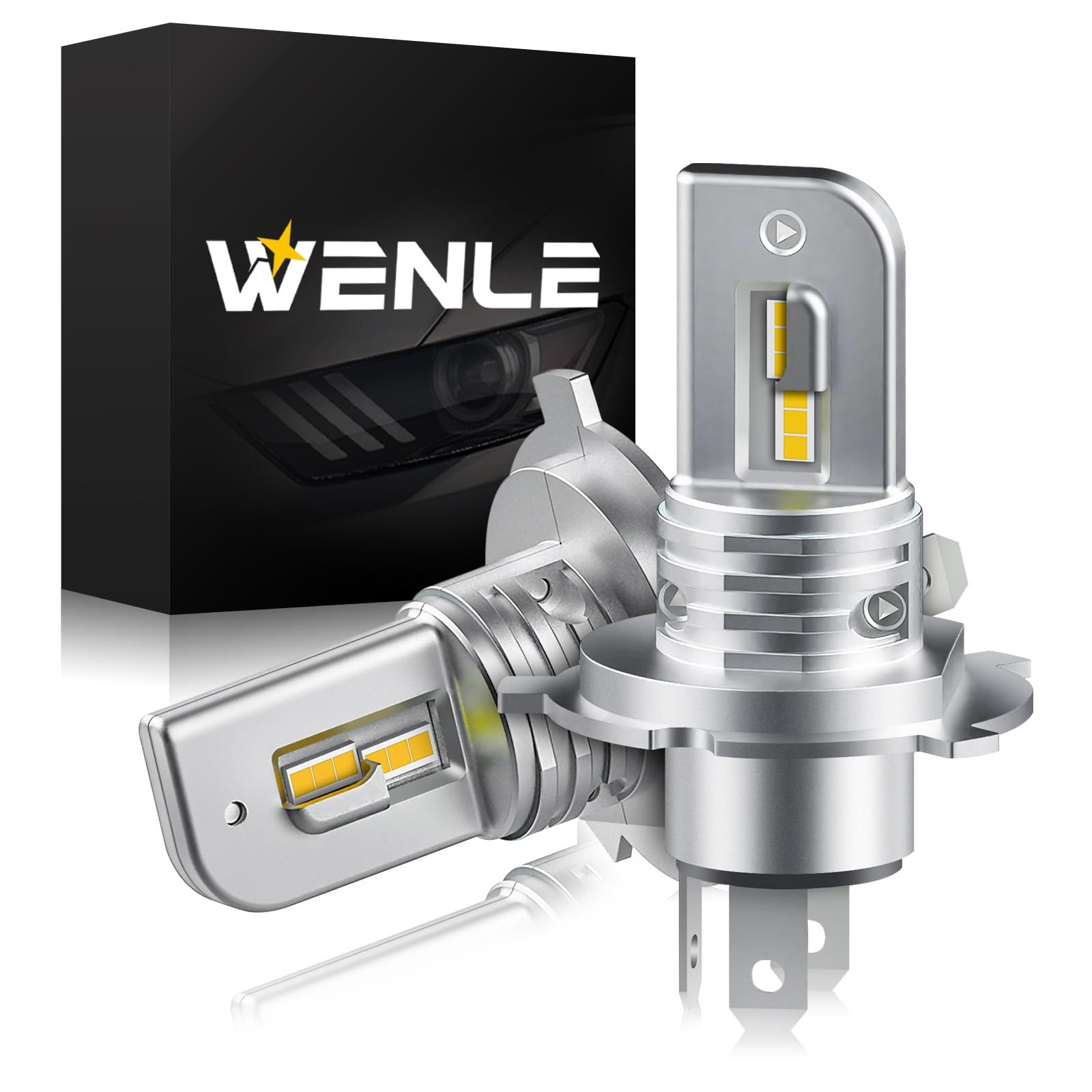 WENLE 新型 超小型サイズ 爆光 H4 H19 共用 led ヘッドライト 車検対応 Hi/Lo 13000LM 60W イエロー 黄色 3000K ファンレス LEDバルブ DC12V車対応 左右分2本入