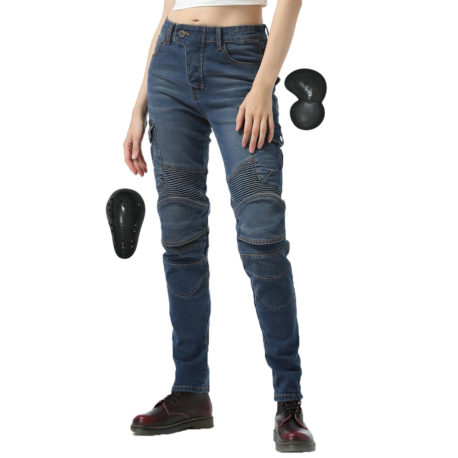 [RENHE] バイクパンツ レディース ライディングパンツ プロテクター バイクズボン耐磨耗 ライダースパンツ スリム 春夏秋向け 伸縮性 オールシーズン ブルーA Mサイズ