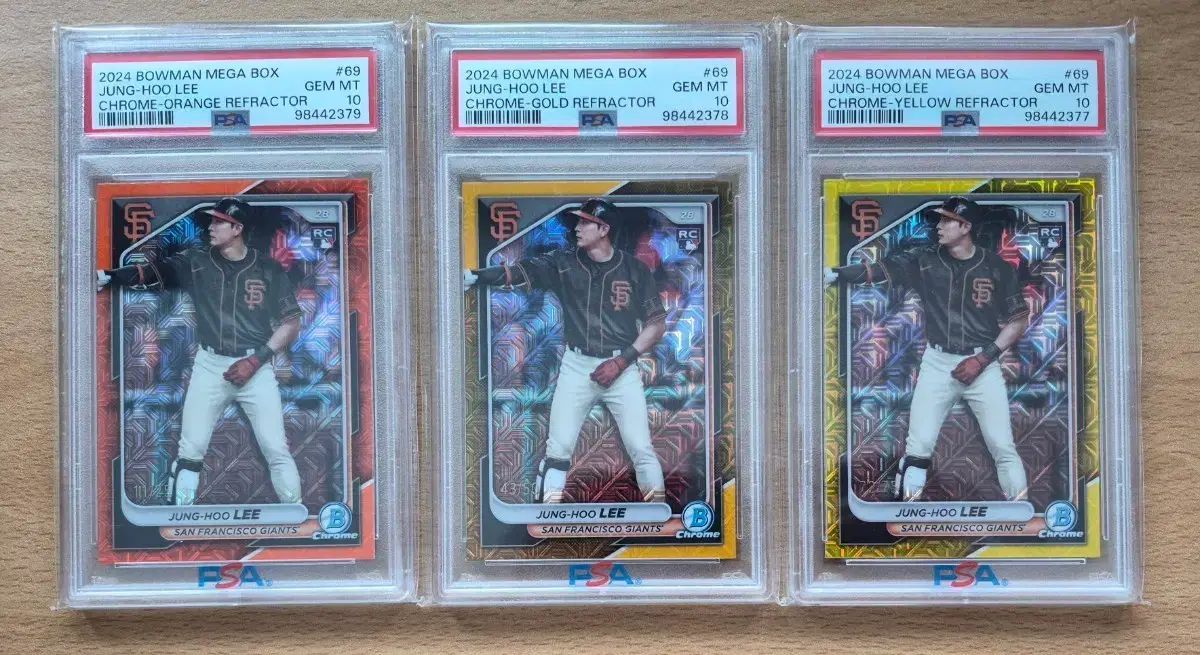 2024 バウマン 李政厚（イ・ジョンフ）ルーキー オレンジ/GOLD/黄色 LEAF Refractor PSA10 3枚