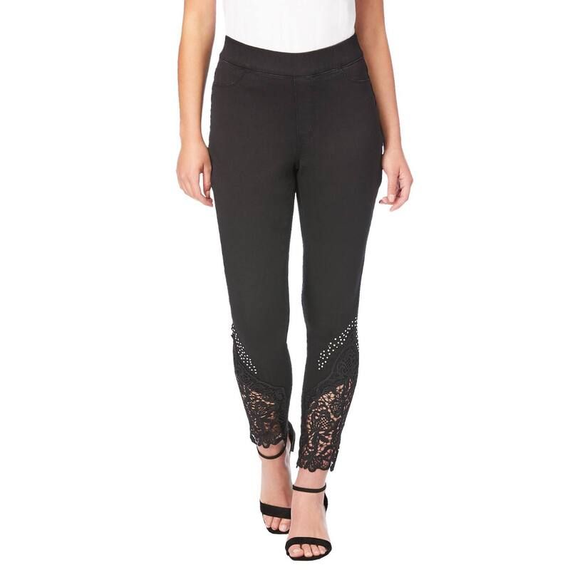 ロアマンズ レディース ボトムス デニムパンツ プラスサイズ レース Roamans Womens Plusize 360 Stretch LaceApplique Jean Black ブラック