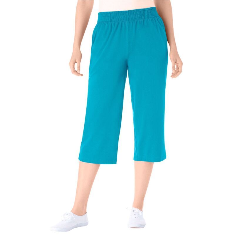 ウーマン ウィズイン レディース ボトムス カジュアルパンツ プラスサイズ キャップ ニット Woman Within PlusizelasticWaist PullOn Knit Pocket Capri Pants Pretty Turquoise ターコ