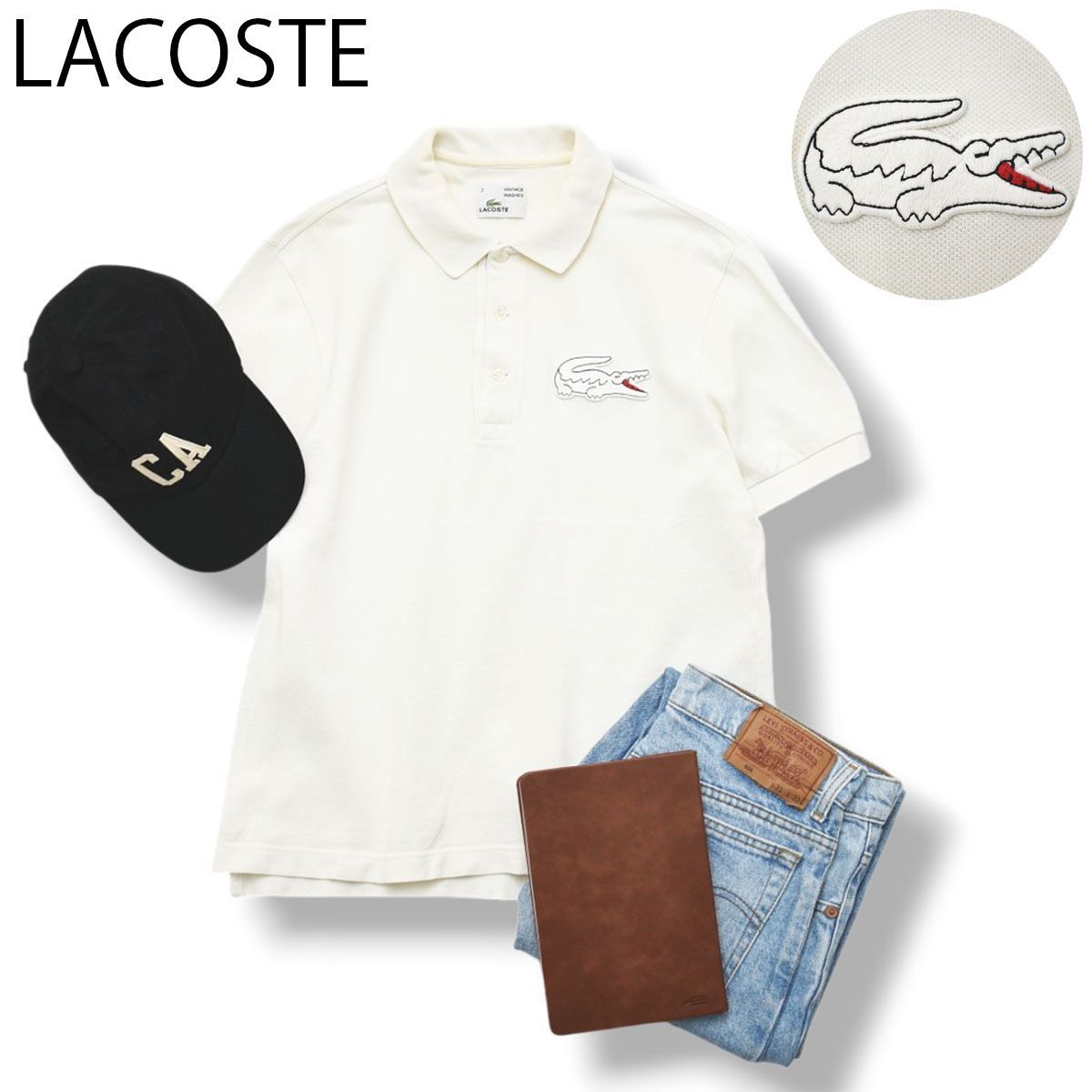 日本製 ラコステ LACOSTE ヴィンテージ ウォッシュド 加工 VINTAGE WASHED 半袖 鹿の子 ポロシャツ ワニロゴ ワッペン 3 オフホワイト フレンチ カジュアル メンズ