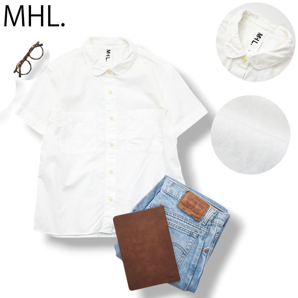 日本製 エムエイチエル MHL. マーガレットハウエル MARGARET HOWELL コットン x リネン 半袖 シャツ ブラウス ラウンドカラー ボックスシルエット I ホワイト レディース♪