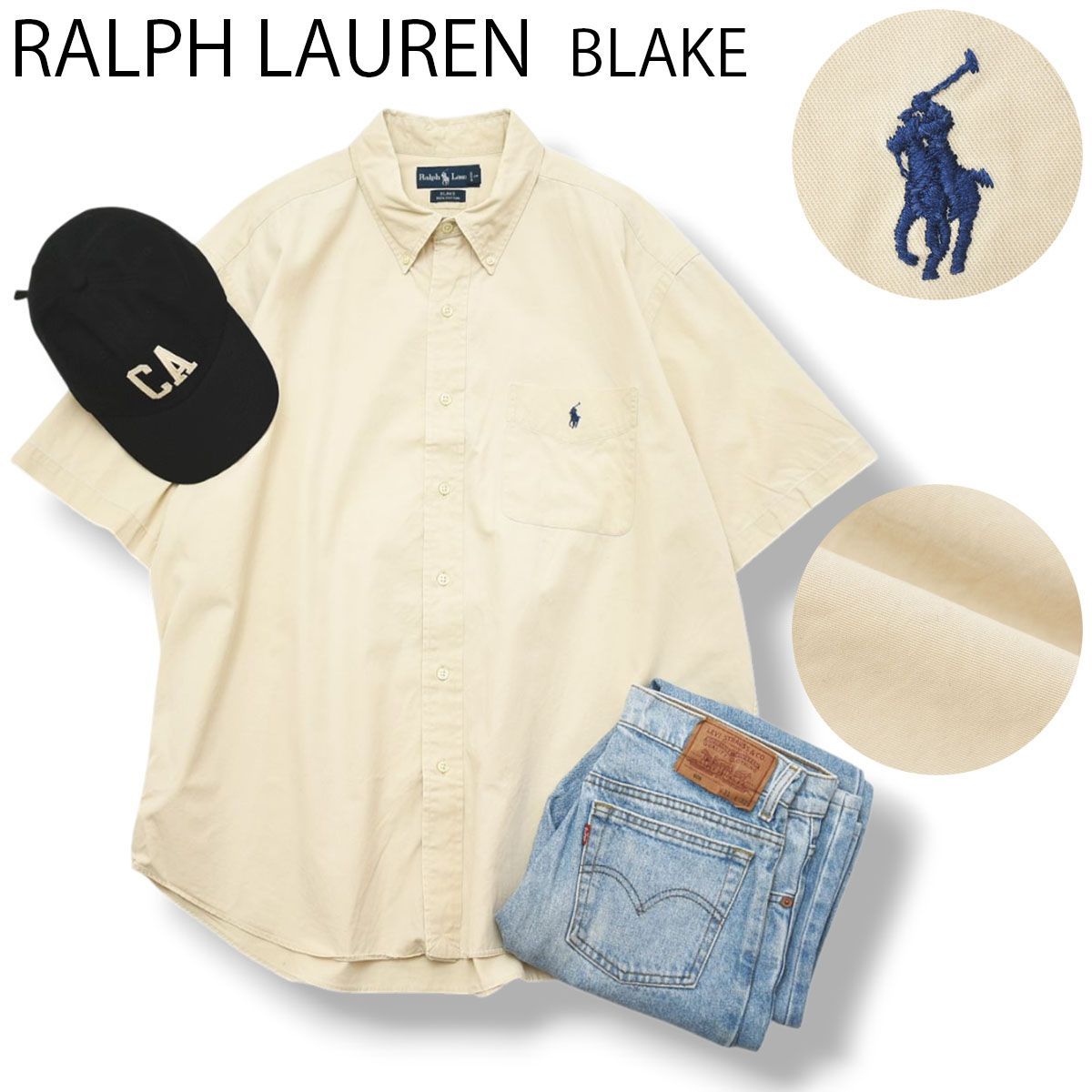 90s ヴィンテージ ラルフローレン RALPH LAUREN ブレイク BLAKE 半袖 ボタンダウン コットン シャツ シングルポケット ラウンドヘム ポニー ロゴ 刺繍 3L ベージュ メンズ