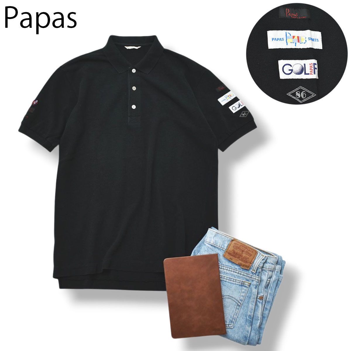 パパス PAPAS 半袖 カノコ コットン ポロシャツ ゴルフ M ブラック