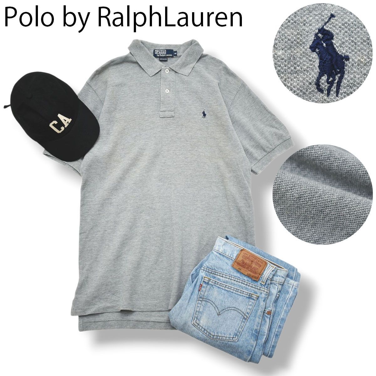90s ヴィンテージ USA製 ポロ ラルフローレン POLO RALPH LAUREN 半袖 鹿の子 ポロシャツ サイドスリット ポニー ロゴ 刺繍 M グレー アメカジ トラッド メンズ