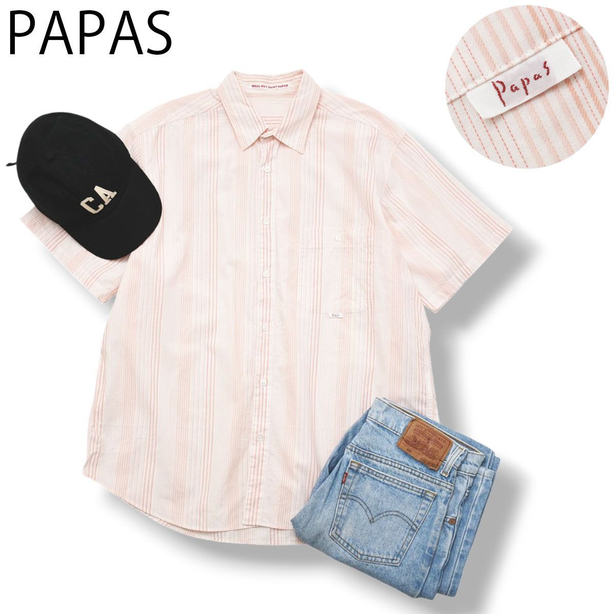 日本製 パパス PAPAS 半袖 コットン シャツ シングルポケット ラウンドヘム LL ストライプ柄 ピンク アメリカン カジュアル ルーズ ビッグシルエット オーバーサイズ メンズ