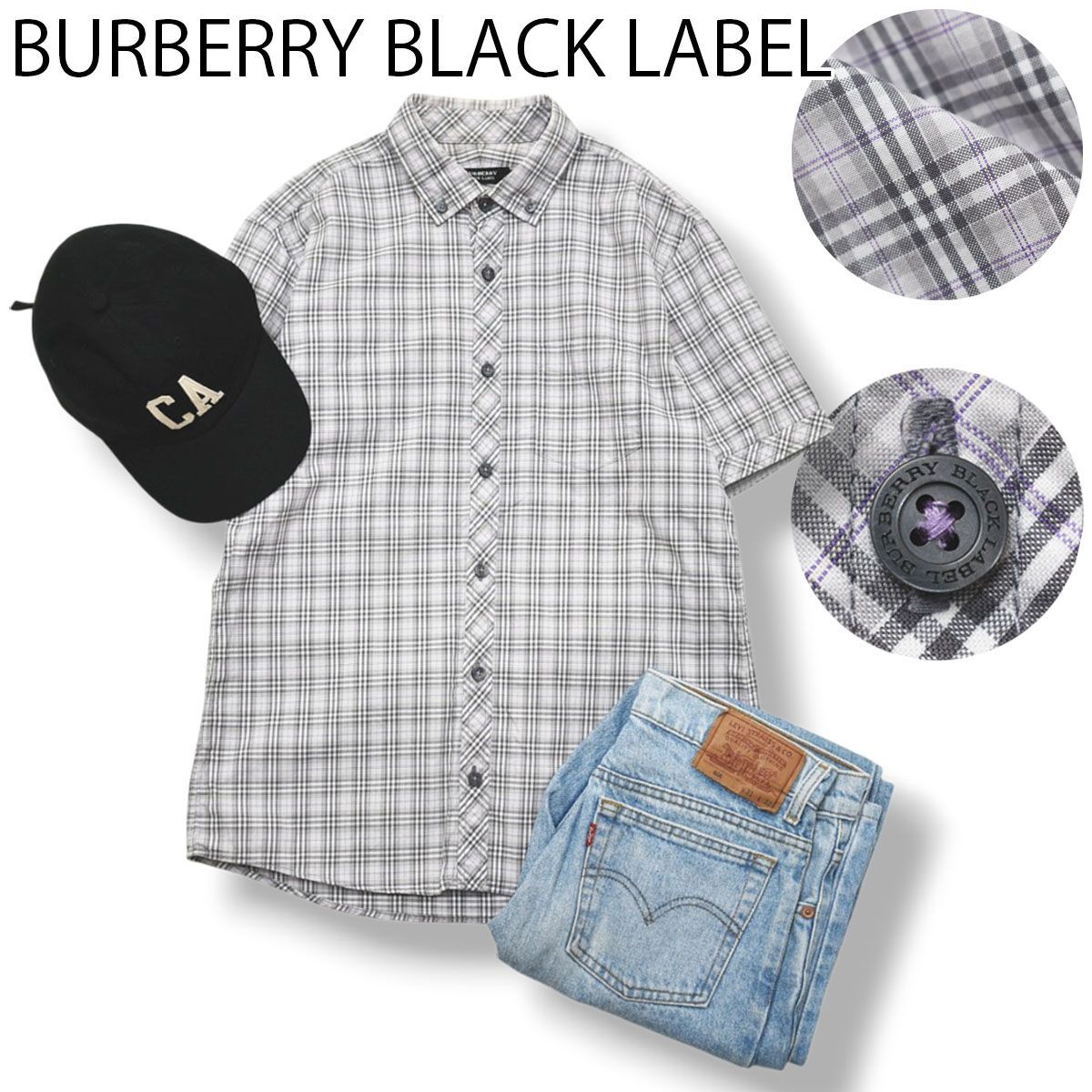 バーバリー ブラックレーベル BURBERRY BLACK LABEL 半袖 ボタンダウン コットン シャツ ラウンドヘム シングルポケット 2 ノバチェック柄 グレー x パープル メンズ