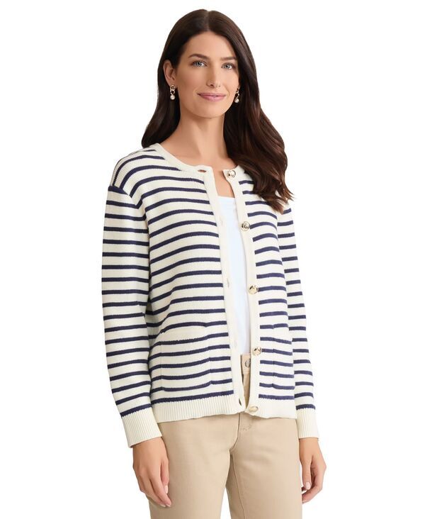 ジョーンズニューヨーク レディース アウター ニット・セーター カーディガン 長袖 Jones New York Womens Button Front LongSleeve Cardigan Jones WhiteNavy ホワイト 10,991円