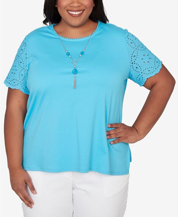 アルフレッド ダナー レディース トップス Tシャツ プラスサイズ レース Alfredunner Plusize Classic Solid Eyelet Sleeve TShirt with Necklace Turquoise ターコイズ