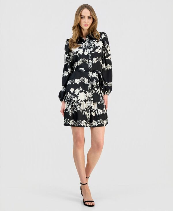 アンクライン レディース トップス ワンピース ティアード フラワー柄 シャツ フラワー Anne Klein Womens Floral TieredHem Shirtdress ANNE BLACK MULTI 9XO ブラック