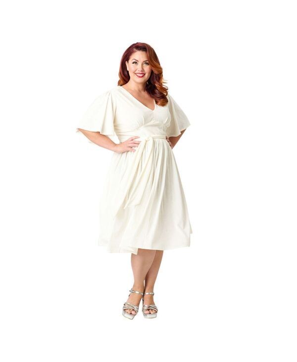 ユニークビンテージ レディース トップス ワンピース プラスサイズ ベルベット Unique Vintage Plusize 1940s Velvet Flutter Sleeve Swing Dress Ivory peacock print アイボリー