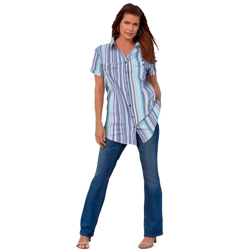 ロアマンズ レディース トップス Tシャツ プラスサイズ Roamans Womens Plusize Seersucker Shirt Blue Seersucker Stripe ブルー