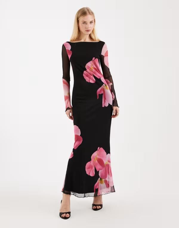 ヴェロモーダ レディース トップス ワンピース フラワー柄 メッシュ マキシ フラワー Vero Moda long sleeve mesh maxi dress with overblown floral BlackFloral ブラック