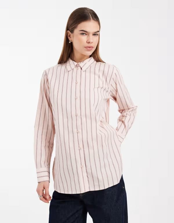 ヴェロモーダ レディース トップス シャツ プリント オックスフォード コットン Vero Moda oversized cotton oxford shirt in light pink double striped print Chintz Rose st