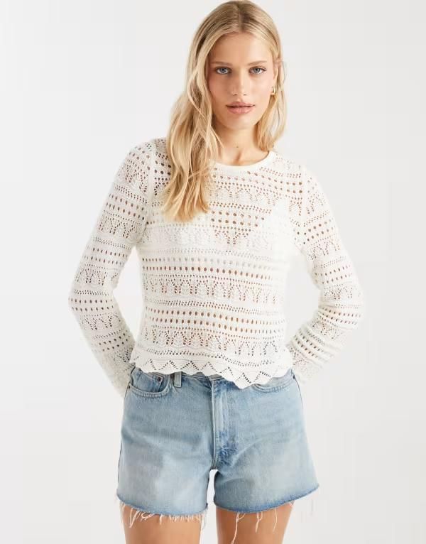 オンリー レディース アウター ニット・セーター ONLY long sleeve crochetop Birch ベージュ