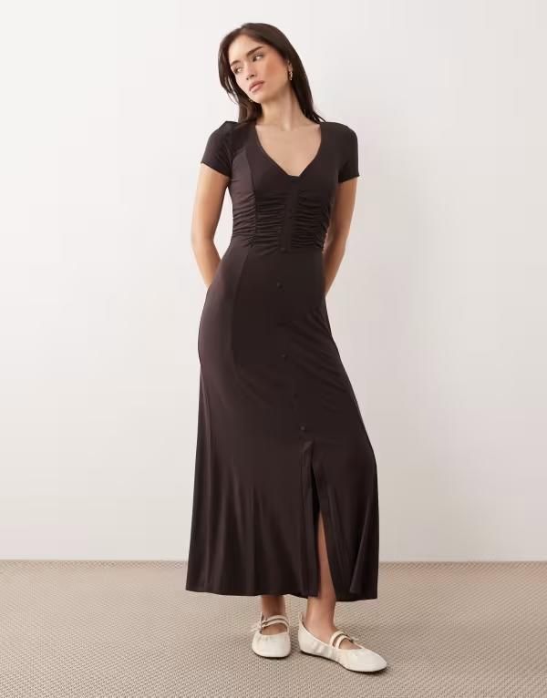 エイソス レディース トップス ワンピース ギャザー ASOS DESIGN button front ruched waist day dress in chocolate チョコレート
