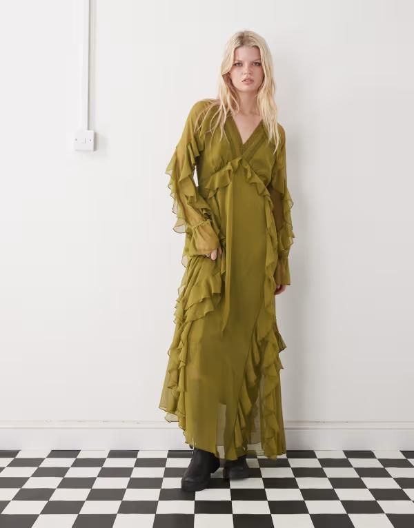 リクレイム ヴィンテージ レディース トップス ワンピース シフォン フリル マキシ Reclaimed Vintage ruffled maxi day dress chiffon GREEN グリーン