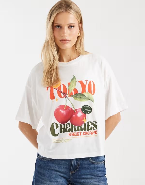 オンリー レディース トップス Tシャツ プリント ONLY boxy tshirt with cherry print WHITE ホワイト