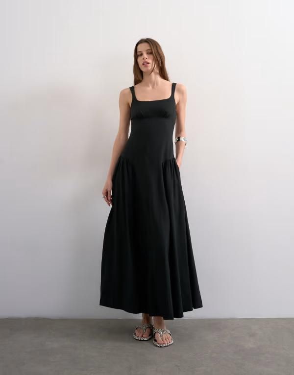 トップショップ レディース トップス ワンピース リネン マキシ Topshop dropped waist linen blend maxi dress Black ブラック