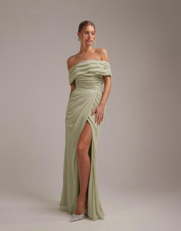 エイソス レディース トップス ワンピース シフォン ドレープ スカート マキシ ASOS DESIGN Bridesmaids off the shoulder chiffon draped maxi dress with fixed wrap skirt