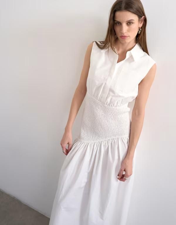 トップショップ レディース トップス ワンピース シャツ ノースリーブ Topshop dropped waist sleevelesshirt dress White ホワイト