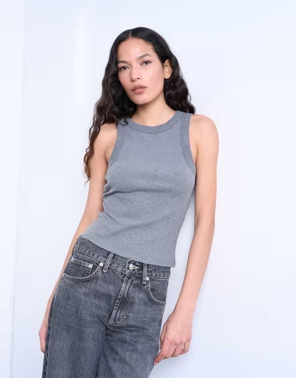 トップショップ レディース トップス ベスト リブ Topshop ribbed racer tank top heather GRAY グレー
