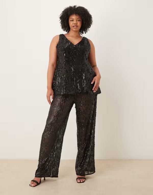 エイソス レディース ボトムス カジュアルパンツ ワイドレッグ シアー スパンコール ASOS Curve ASOS DESIGN Curve tailored wide leg sheer sequin pants part of a set black ブ