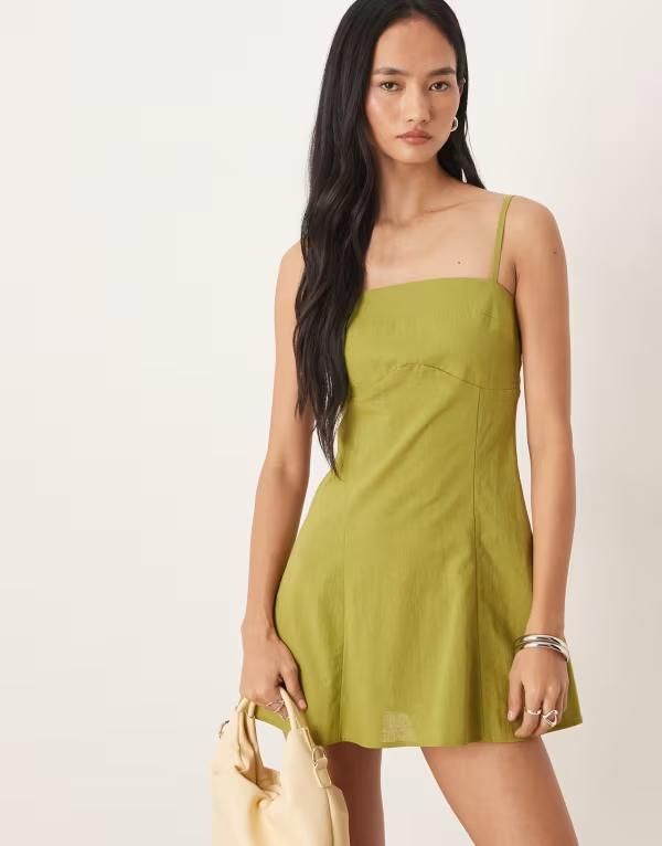 エイソス レディース トップス ワンピース ミニ コットン リネン ASOS DESIGN cotton linen blend camini sundress with shaped bust in dark lime Dark lime ライム