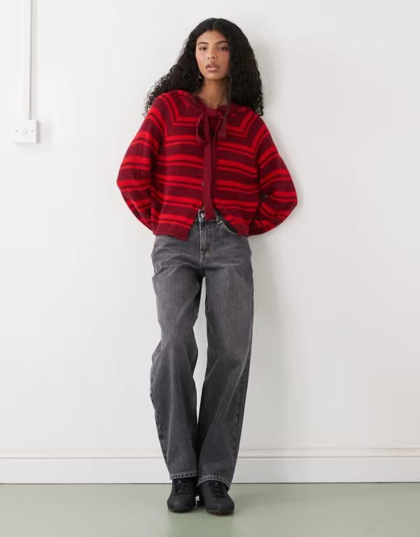 コルージョン レディース アウター カーディガン COLLUSION cardigan withood scarf detailing stripes RED レッド