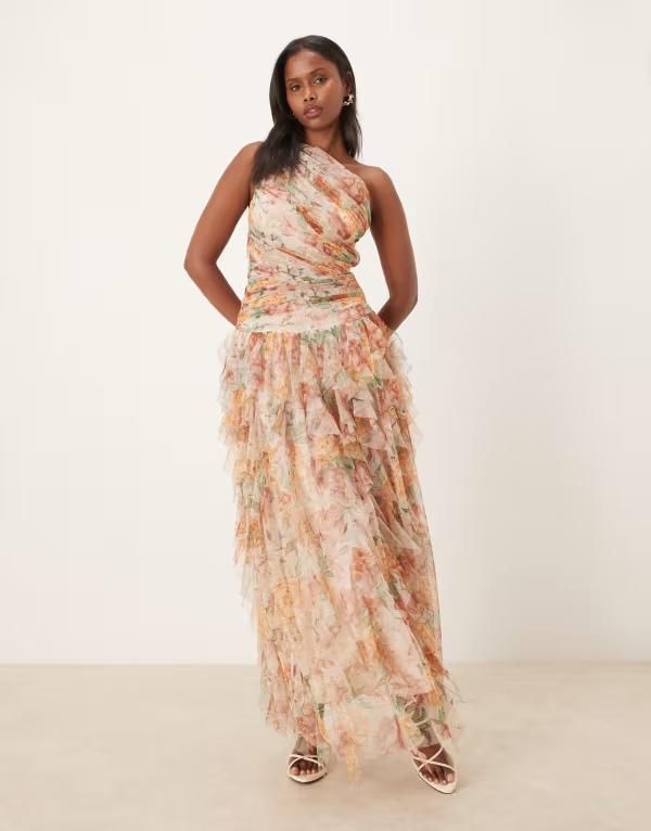 レース アンド ビーズ レディース トップス ワンピース フラワー柄 フリル ワンショルダー マキシ フラワー Lace Beads oneshoulder waterfall ruffle maxi dress in soft brown floral So