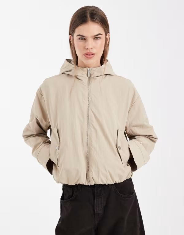 オンリー レディース アウター ジャケット・ブルゾン ONLY oversized hooded bomber jacket in matt Humus ベージュ