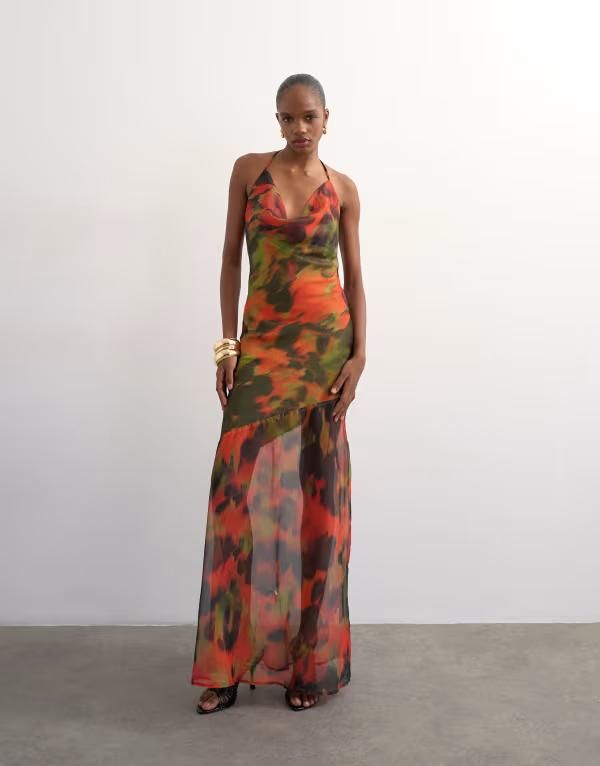 トップショップ レディース トップス ワンピース マキシ Topshop cowl neck dropped hemaxi dress in abstract blur Green and red blur レッド