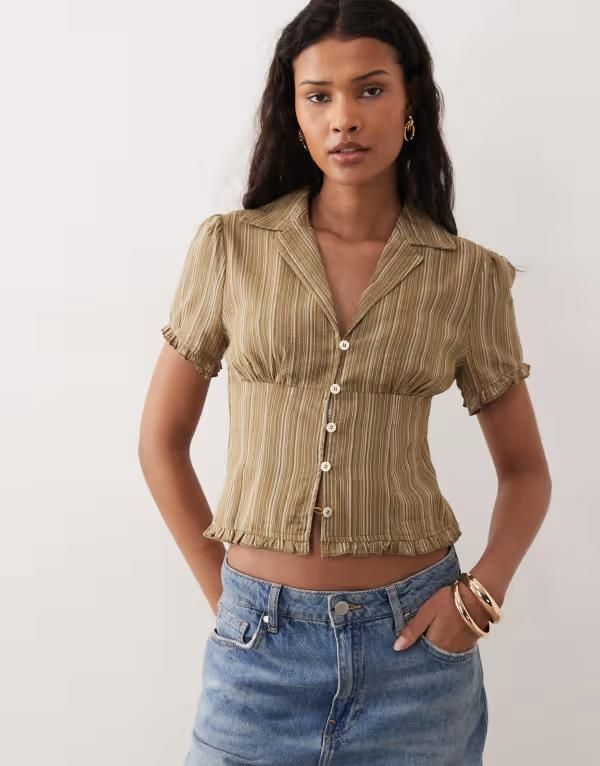 キスザスカイ レディース トップス シャツ ホルター Kiss the Sky collared halter neck striped top in olive オリーブ