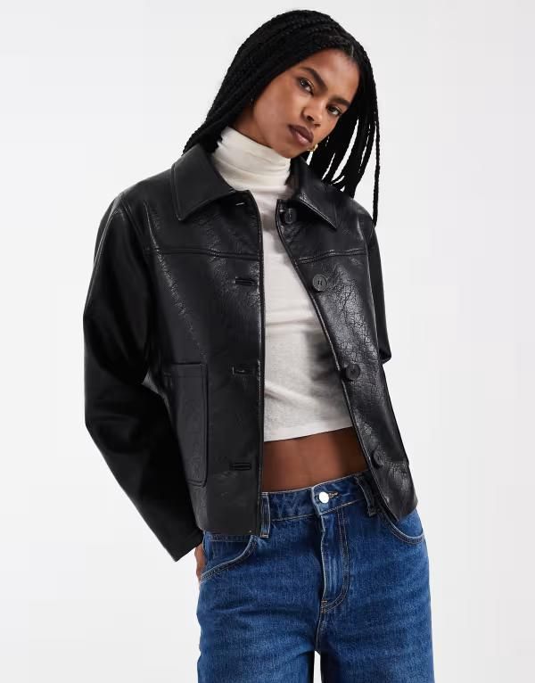エイソス レディース アウター ジャケット・ブルゾン レザー ASOS DESIGN leather look harrington jacket Black ブラック