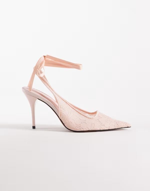 エイソス レディース シューズ パンプス レース ヒール ASOS DESIGN Pascha tie leg snipped toe heeled pumps lace Pink lace ピンク