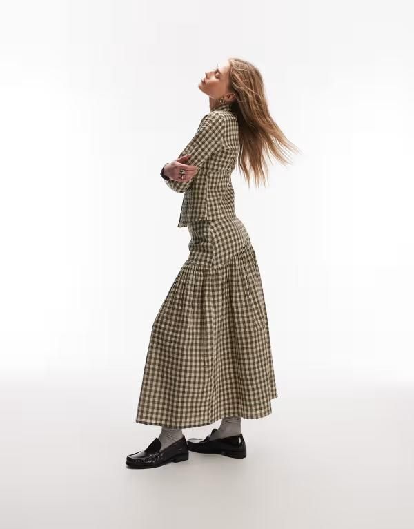 コルージョン レディース ボトムスカート ギンガムチェック マキシ ギンガム COLLUSION dropped waist maxi skirt gingham NEUTRAL グリーン