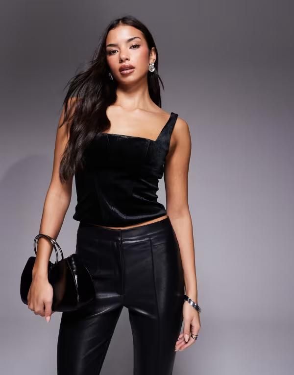 エイソス レディース トップス シャツ ベルベット ASOS DESIGN square neck paneled velvet corsetop Black ブラック