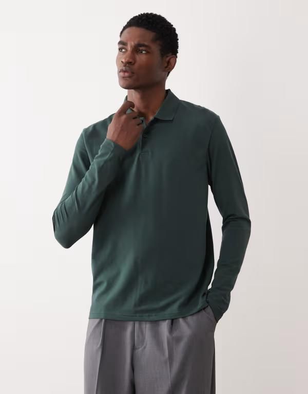 エイソス メンズ トップス ポロシャツ ASOS DESIGN Essentials long sleeve pique polo Darkest spruce グリーン