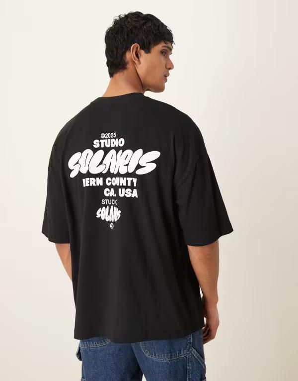 エイソス メンズ トップス Tシャツ プリント ASOS DESIGN oversized Tshirt with back printext Black ブラック