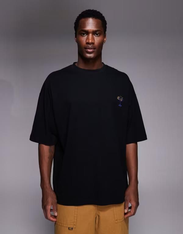 エイソス メンズ トップス Tシャツ ASOS DESIGN oversized Tshirt with chest embroidery Black ブラック