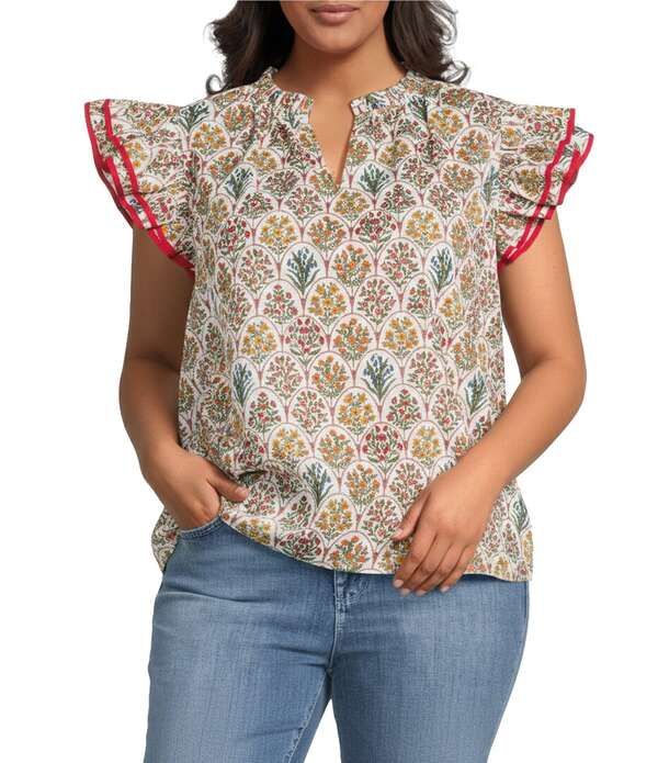 シュガーリップス レディース トップス シャツ Vネック フラワー柄 プラスサイズ フリル ノースリーブ フラワー Sugarlips Plusize Country Floral Risette Ruffle Split VNeck Sleeveless T