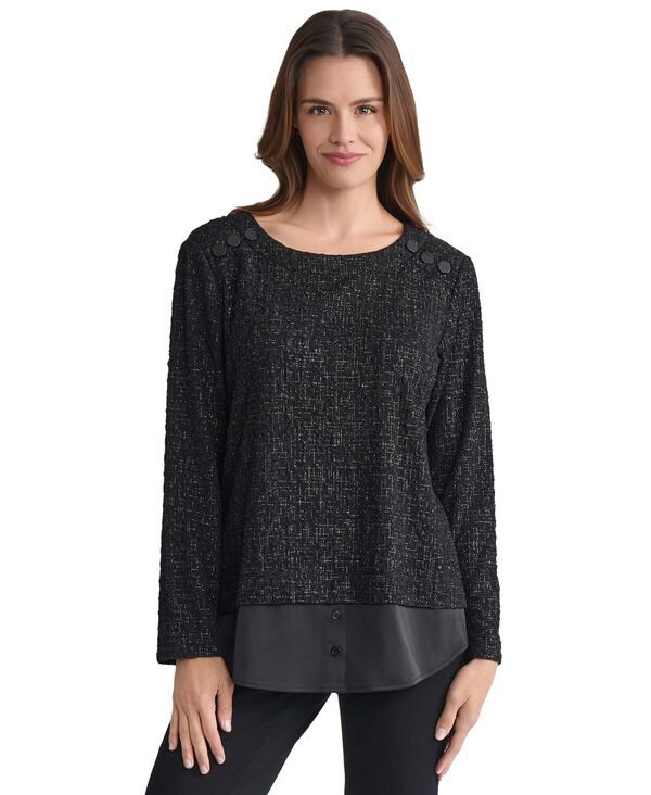 ジョーンズニューヨーク レディース トップス シャツ コントラスト Jones New York Womens Textured ContrastHem Top Jones Black ブラック