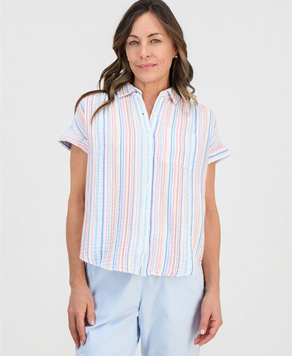 スタイルアンドコー レディース トップス シャツ プチ コットン Style Co Petite Cotton Striped Camp Shirt Bright White Stripe ホワイト