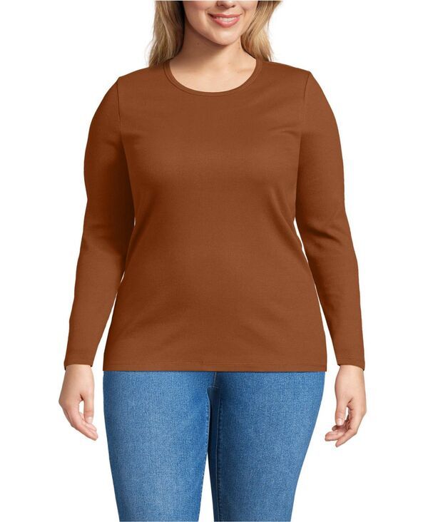 ランズエンド レディース トップス Tシャツ プラスサイズ Lands End Plusize Long Sleeve Micro Rib TShirt Rich ginger brown ブラウン