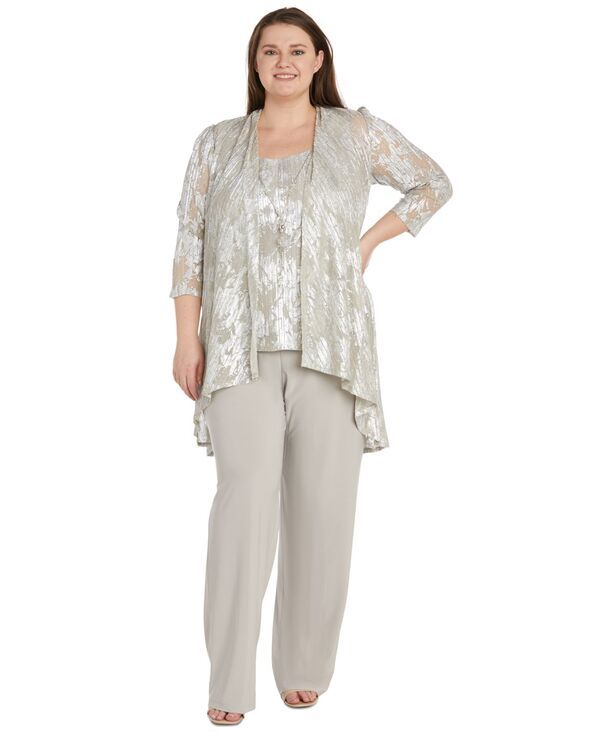 アールアンドエムリチャーズ レディース トップス ワンピース プラスサイズ レース ジャケット R M Richards Plusize 3Pc Embellished Jacket Necklace Top Pant Set ChampagneSilver 30,420円